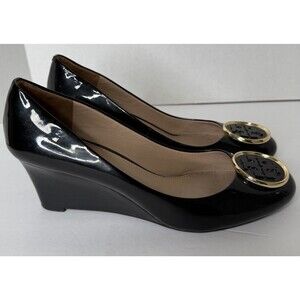Tory Burch Black Patent Leather Wedge Pumps with Gold Logo Medallion